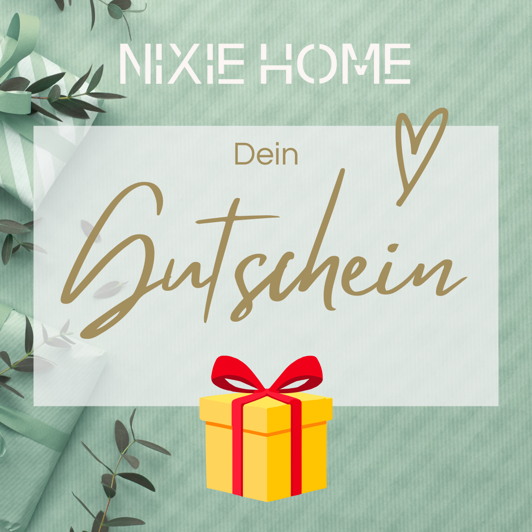 Digitaler Gutschein von Nixie Home zum Verschenken, neutrales Design in einem sanften Grünton