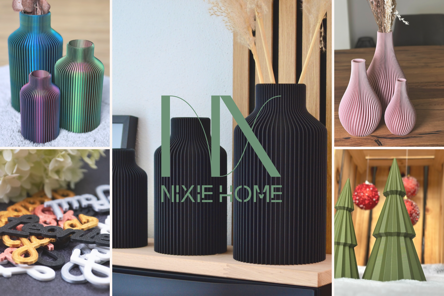 Fotocollage von Nixie Home mit dem Logo und einer Auswahl an Bildern von 3D-gedruckten Vasen und Dekoartikeln in verschiedenen Farben und Designs.