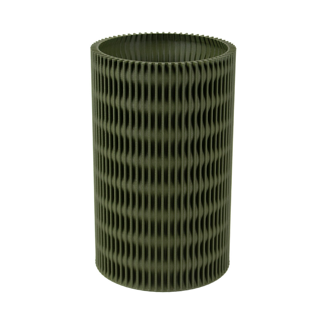 Dunkelgrüne Vase Melli mit Lamellenstruktur ideal für Blumen oder Trockenblumen. Natürlicher Look für dein Zuhause.